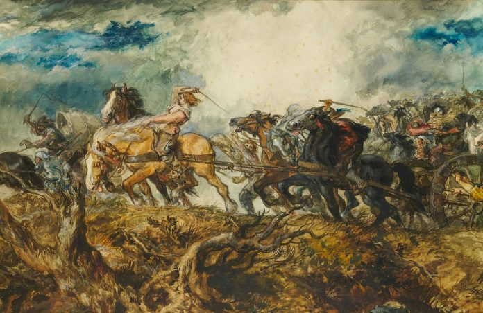Painting of men going to war on horses
