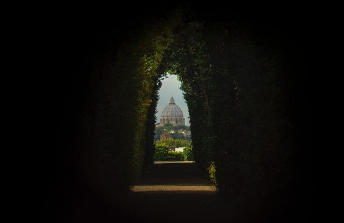 Looking through greenery towards Aventine Hill