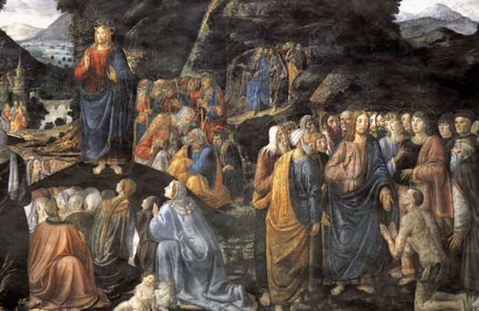 Painting with Jesus standing before a crowd