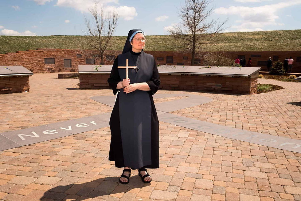 Sr. Mary Gianna DLJC poses for a portrait at the Columbine Memorial on April 18, 2019, in Littleton, Colorado. (Photo by Anya Semenoff/Denver Catholic)