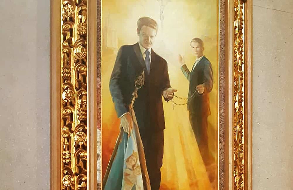 Painting of two men and one of the men is holding a flag