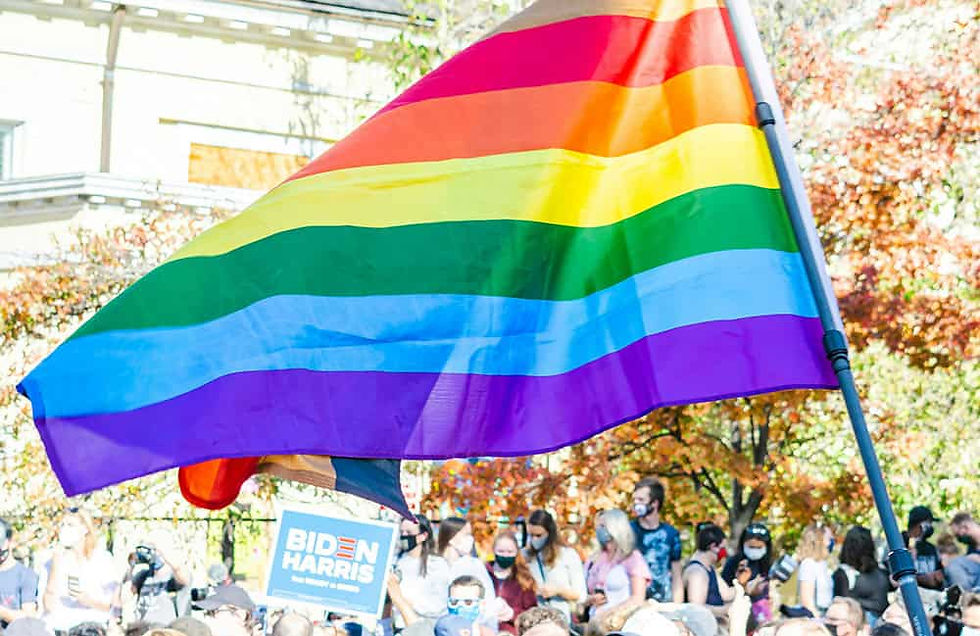 Flying a pride flag in a crowd of people