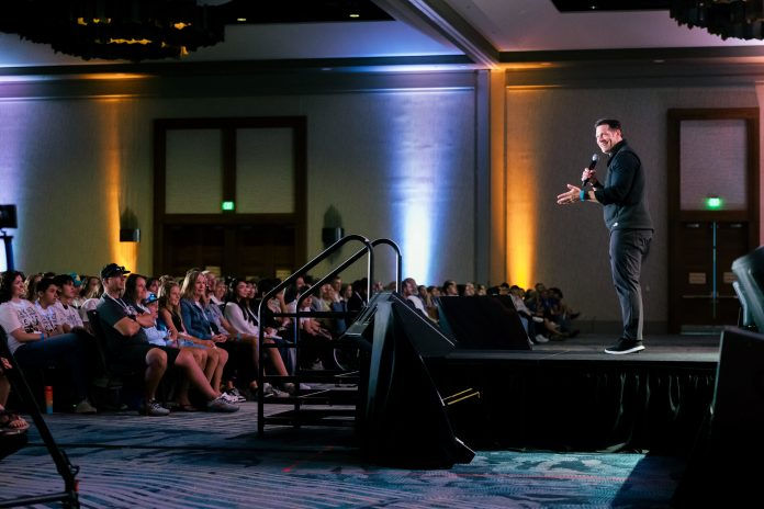 Father Mike Schmitz, of the Bible in a Year and Catechism in a Year podcasts, was one of the keynote speakers at the annual Steubenville of the Rockies conference for teens. (Photo by Allison Holdridge)