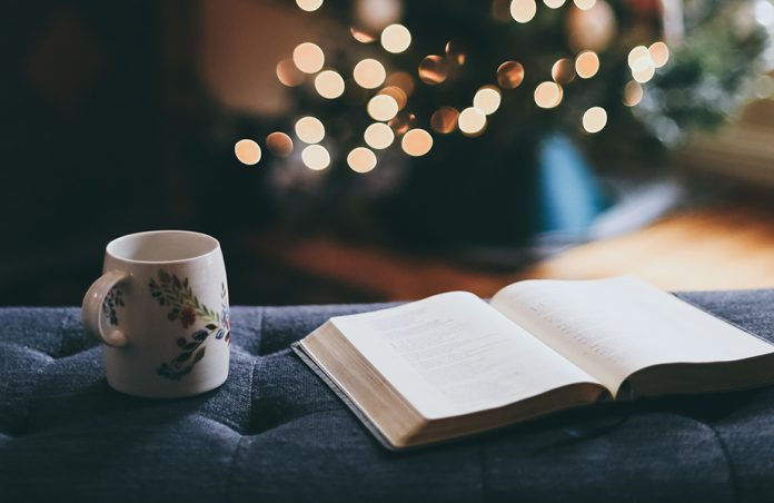 Book and mug sitting before a Christmas tree