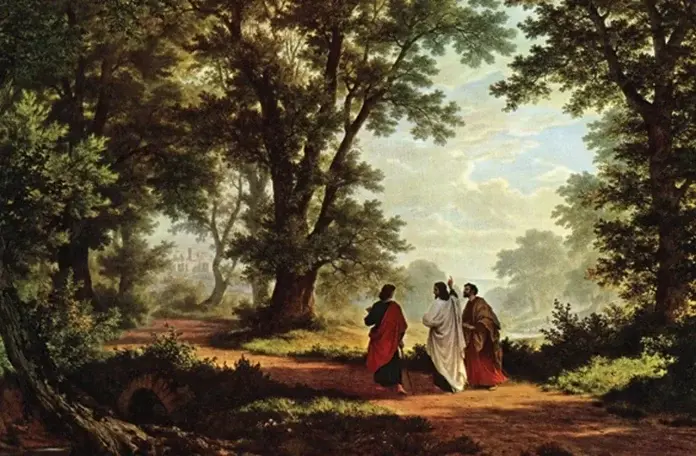 Jesus talking to disciples on the Road to Emmaus