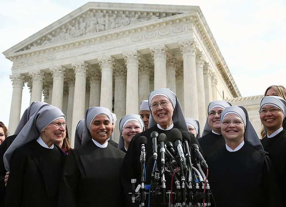 WASHINGTON, DC - MARCH 23: Mother Loraine Marie Maguire, of the Little Sisters of the Poor, speaks to the media after aruments at the US Supreme Court, March 23, 2016 in Washington, DC. Today the high court heard arguments in Little Sisters v. Burwell, which will examine whether the governments new health care regulation will require the Little Sisters to change their healthcare plan, to other services that violate Catholic teaching. (Photo by Mark Wilson/Getty Images)
