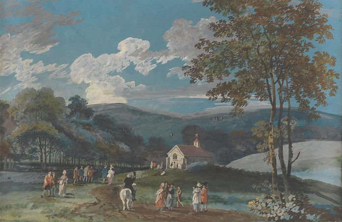 Painting of a countryside with a church in the distance