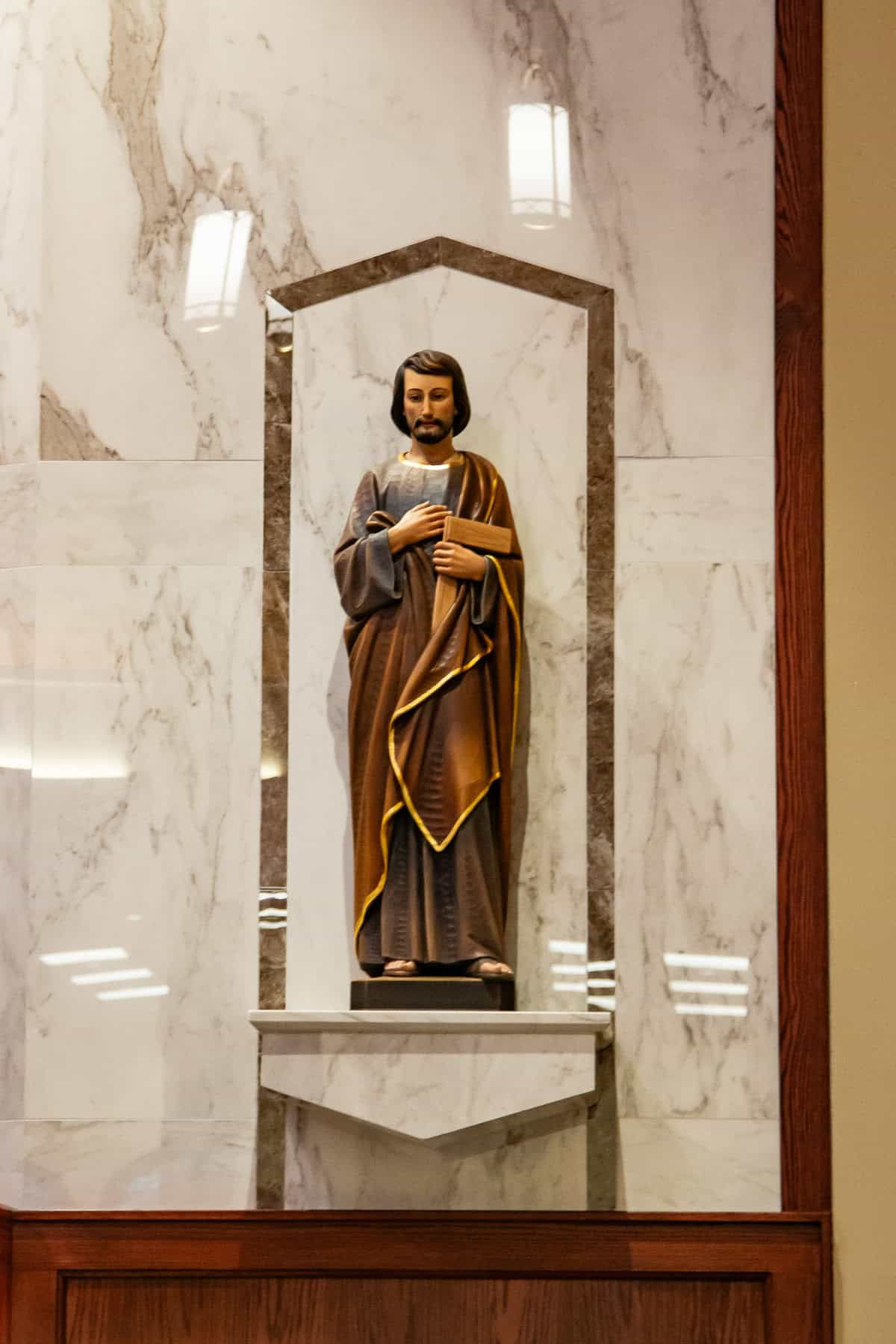 Newly installed statues adorn the property, including the statue of St. Joseph in the sanctuary.
