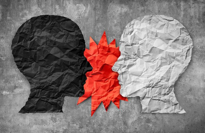 Culture war between right and wrong or conservative and liberal political clash of ideas as a 3D illustration style.